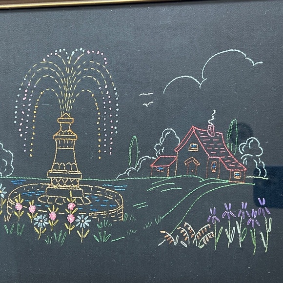 Handmade Embroidered Water Fountain Cabin Flowers Framed Art on Black Vintage - Picture 3 of 5